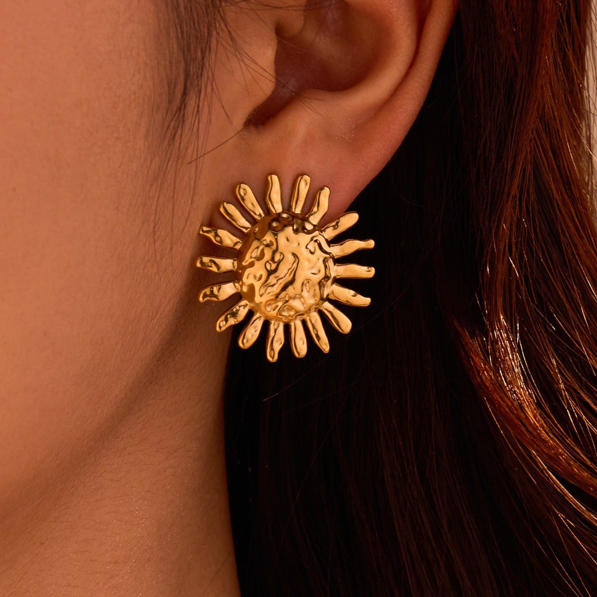 Golden Sunburst Statement Earrings – Textured Round Stud Earrings