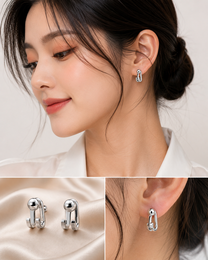 Silver-Tone Double U-Shape Stud Earrings – Minimalist Geometric Jewellery