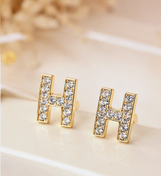 Crystal H Stud Earrings – Gold-Tone Rhinestone Letter H Earrings for Women