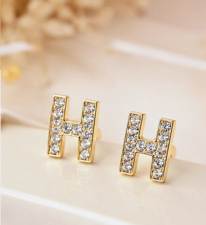 Crystal H Stud Earrings – Gold-Tone Rhinestone Letter H Earrings for Women
