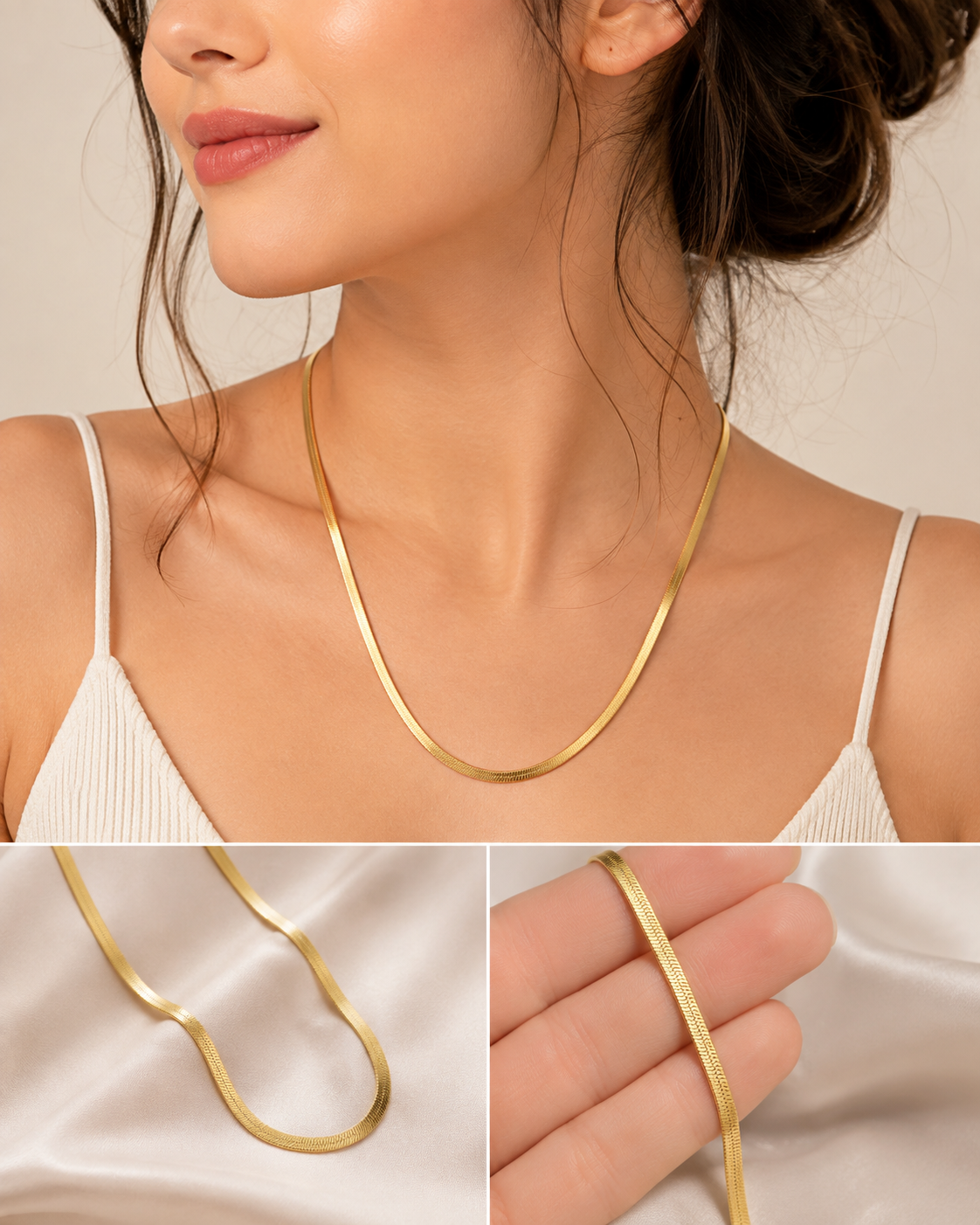 Gold Tone Herringbone Chain Necklace – Minimalist Flat Snake Chain