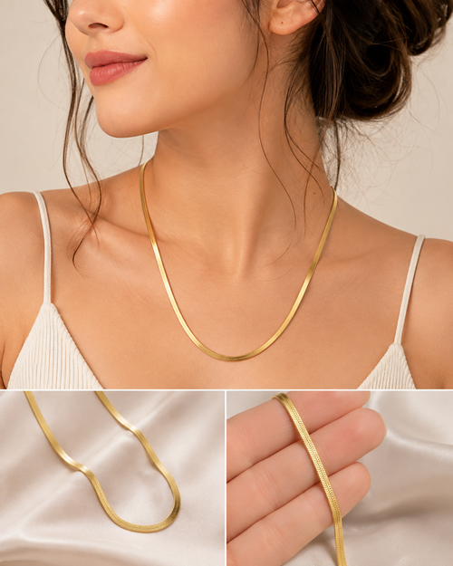 Gold Tone Herringbone Chain Necklace – Minimalist Flat Snake Chain