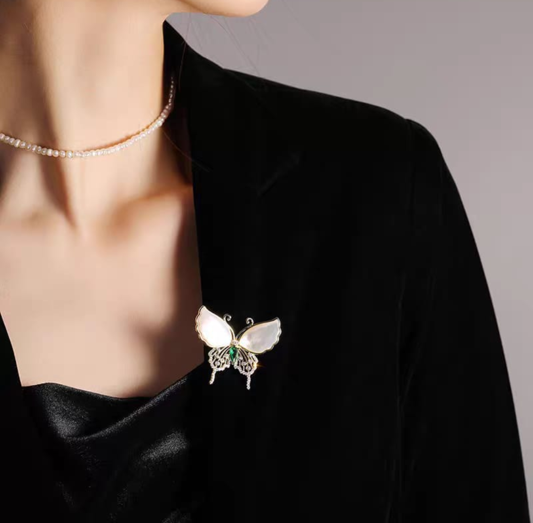 Pearl Wing Emerald Butterfly Brooch