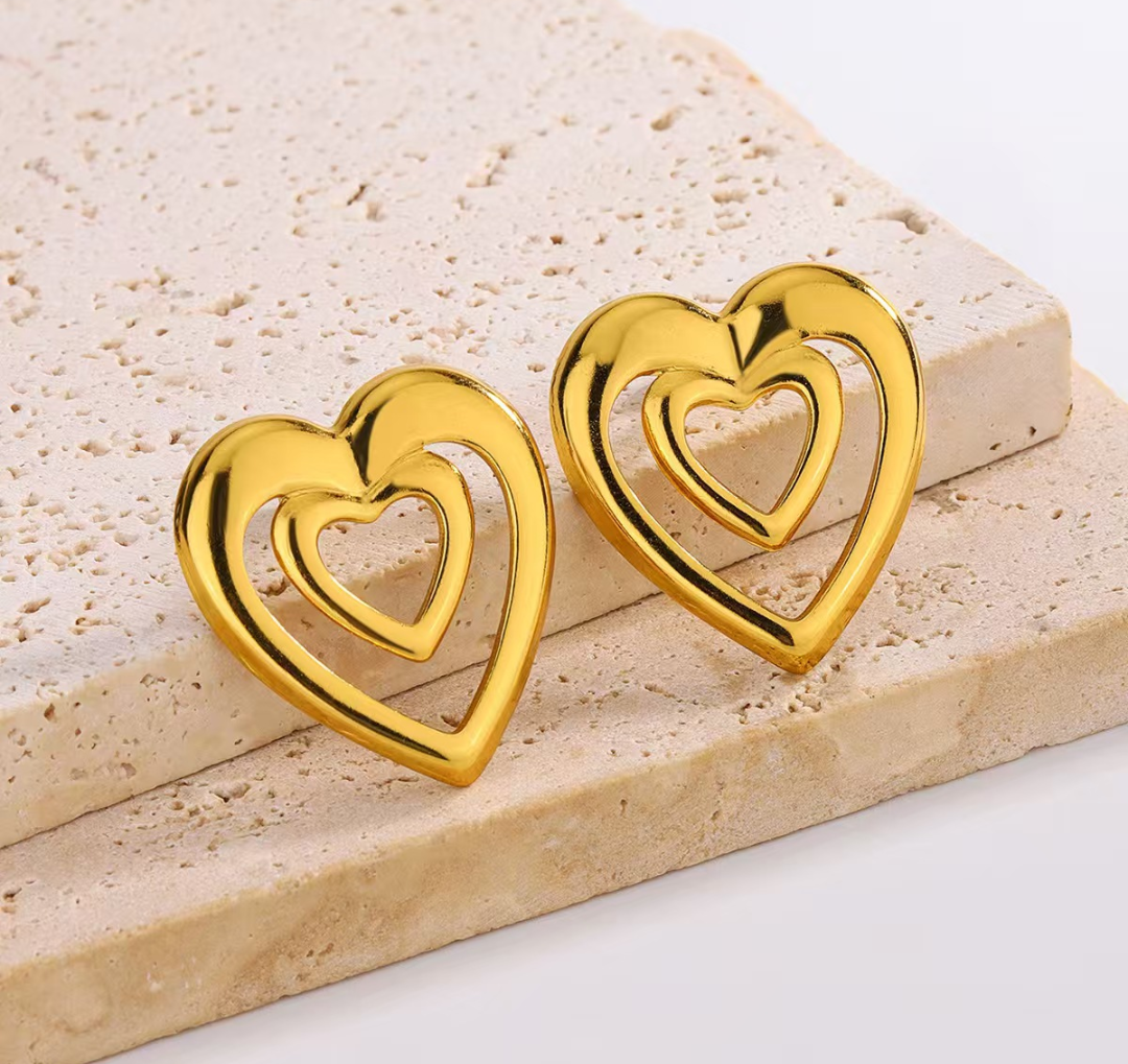 Golden Double Heart Stud Earrings – Romantic Modern Glow