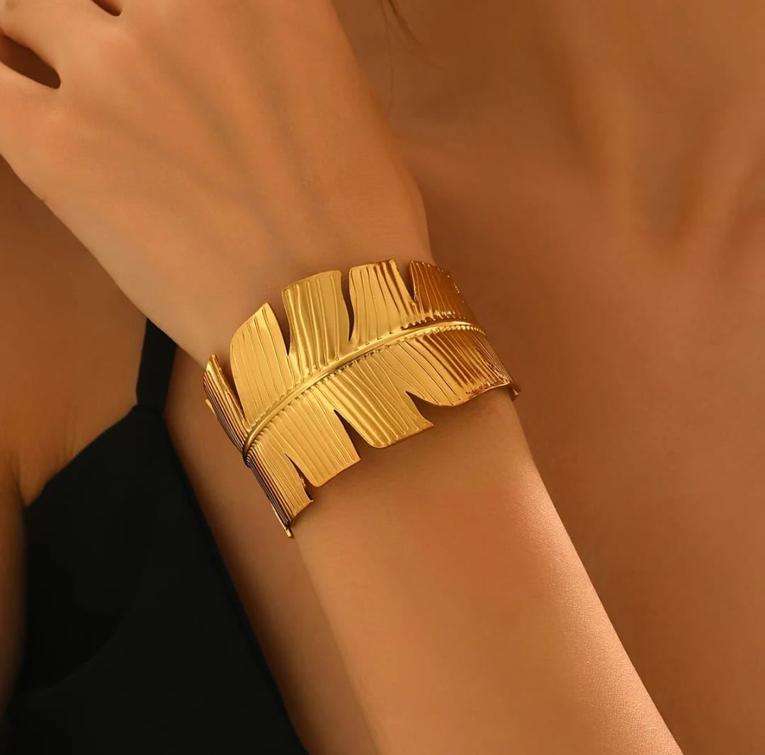 Textured Leaf Statement Gold Cuff