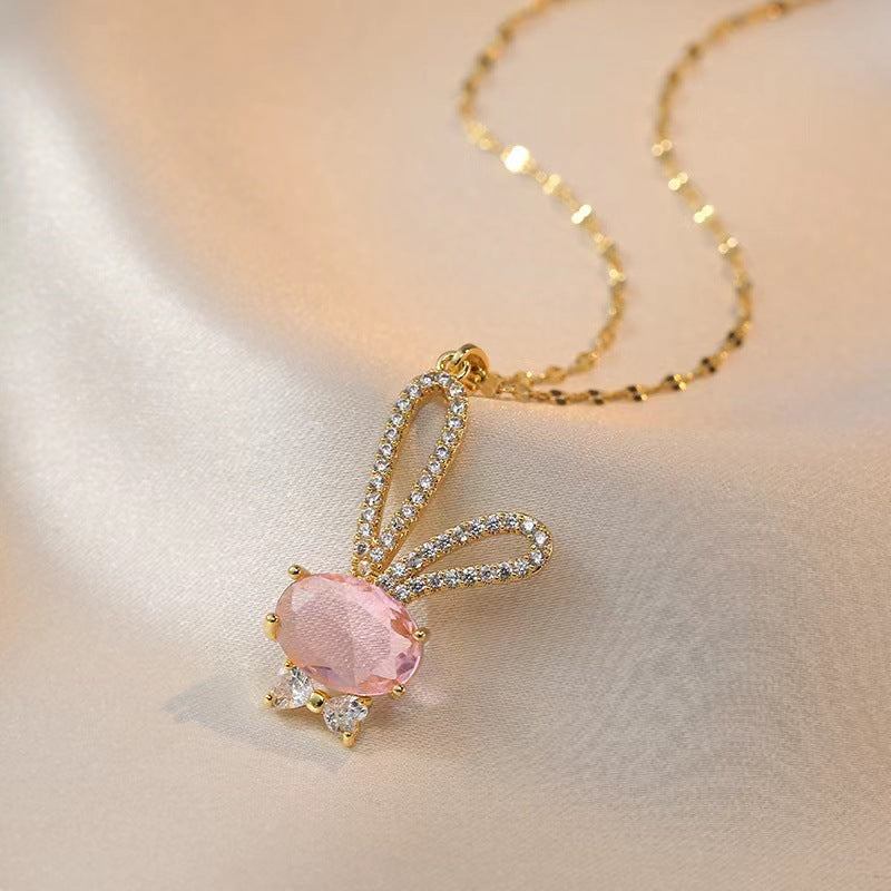 Pink Crystal Bunny Pendant Necklace