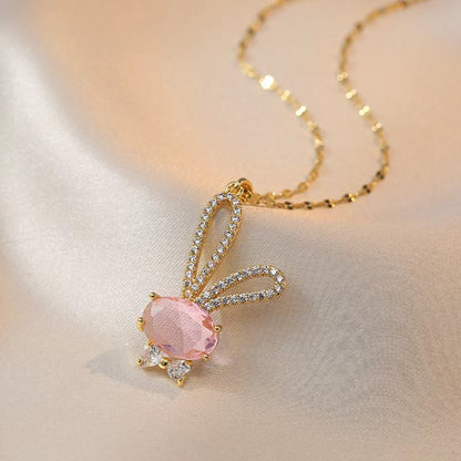 Pink Crystal Bunny Pendant Necklace