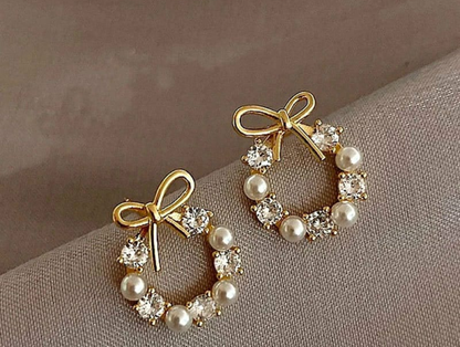 Elegant Bow Pearl Crystal Hoop Earrings