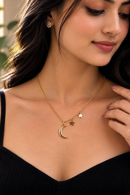 Celestial Moon & Stars Pendant Necklace – Gold-Tone Dainty Necklace for Women