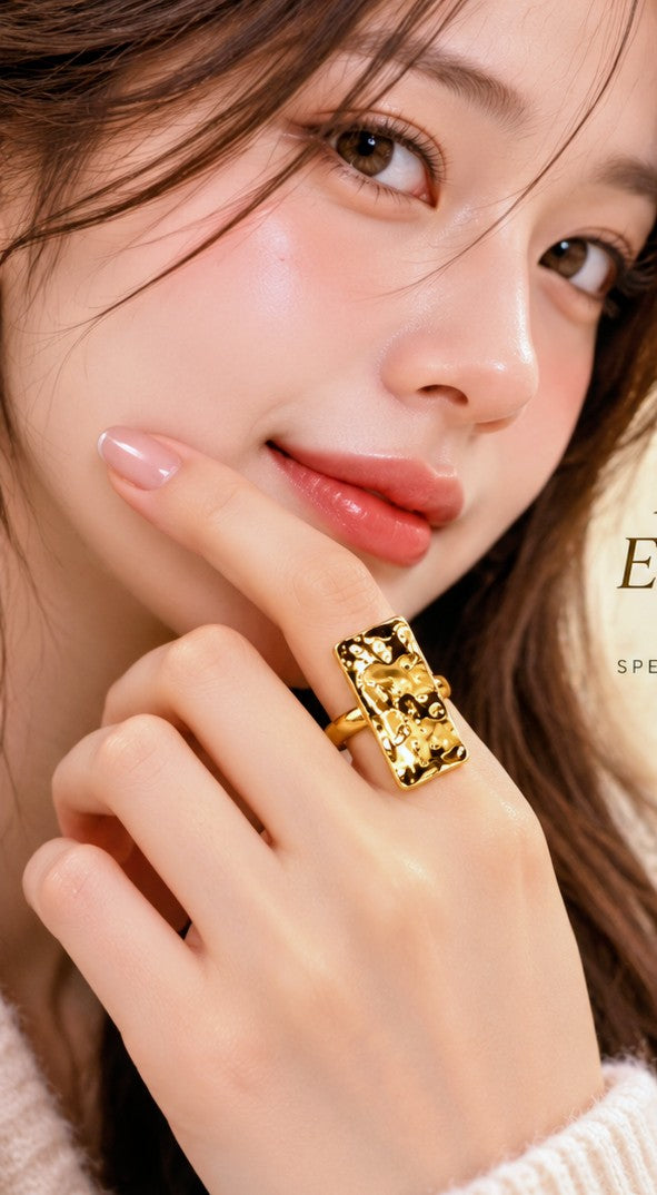 Hammered Gold Statement Ring – Textured Rectangular Adjustable Ring for Women