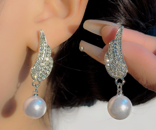 Crystal Angel Wing Pearl Drop Earrings