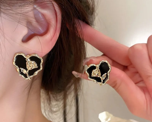 Gothic Noir Rose Heart Earrings