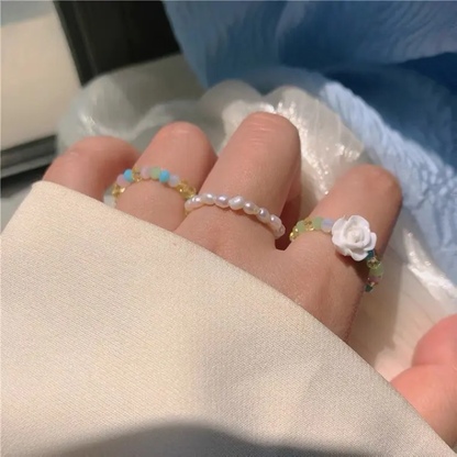 Pastel Beaded Flower Ring – White Rose & Colorful Bead Adjustable Ring