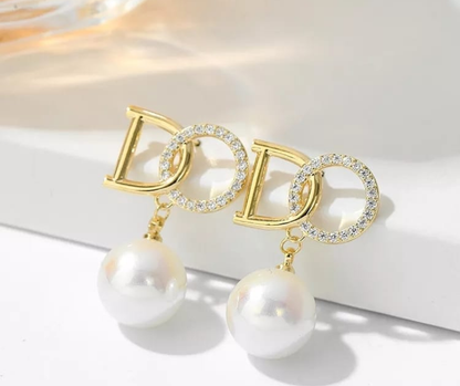 Crystal Initial Pearl Drop Earrings (DO Design)