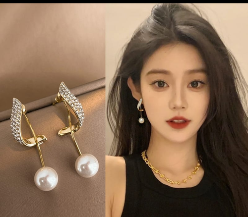Elegant Crystal Wing Pearl Drop Earrings