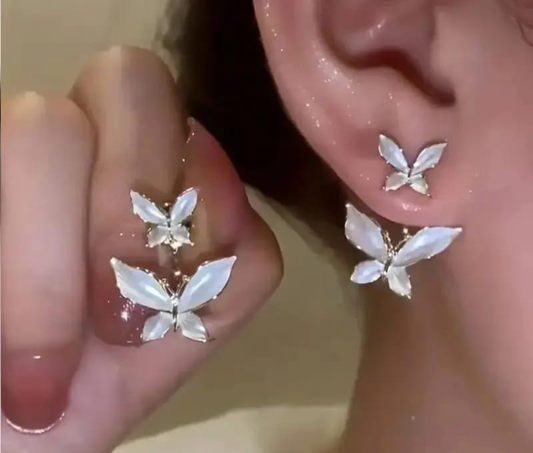 Elegant Double Butterfly Pearl Drop Earrings