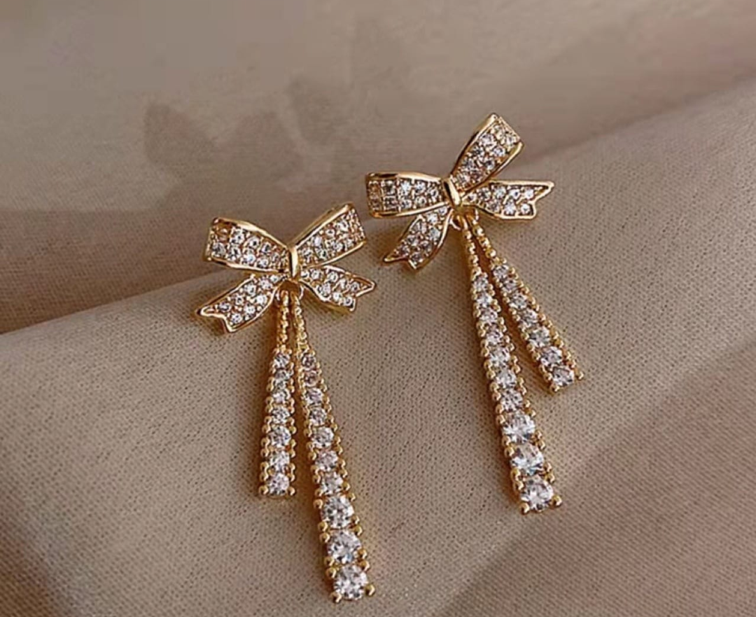 Sparkling Bow Tassel Drop Earrings