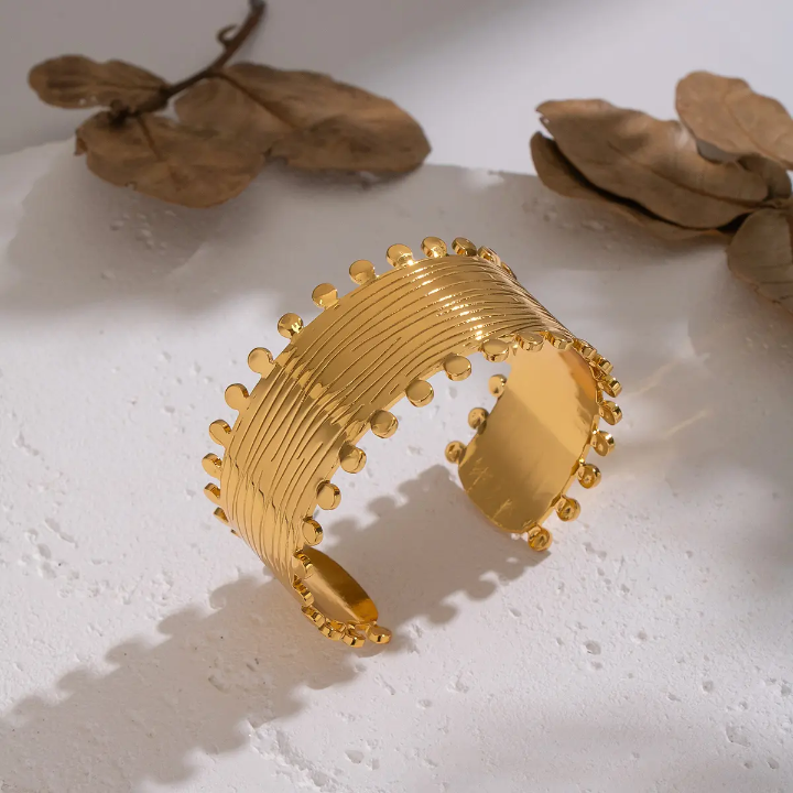Gold Tone Textured Wide Bracelet – Elegant Ribbed Statement Cuff