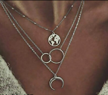 Boho Layered World & Circle Pendant Necklace Set