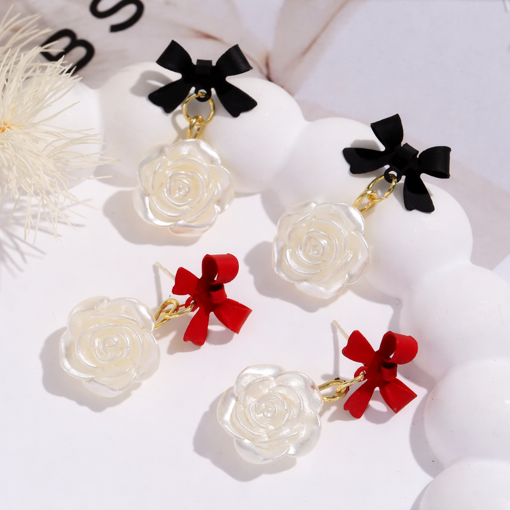 Vintage Bow Rose Drop Earrings