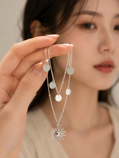 Silver Sun Pendant Layered Necklace – Minimalist Disc Charm Statement Necklace