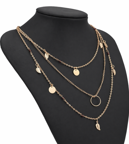 Boho Layered Leaf & Coin Charm Necklace