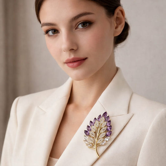 Amethyst Leaf Crystal Brooch