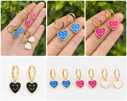 Smiley Heart Enamel Hoop Earrings