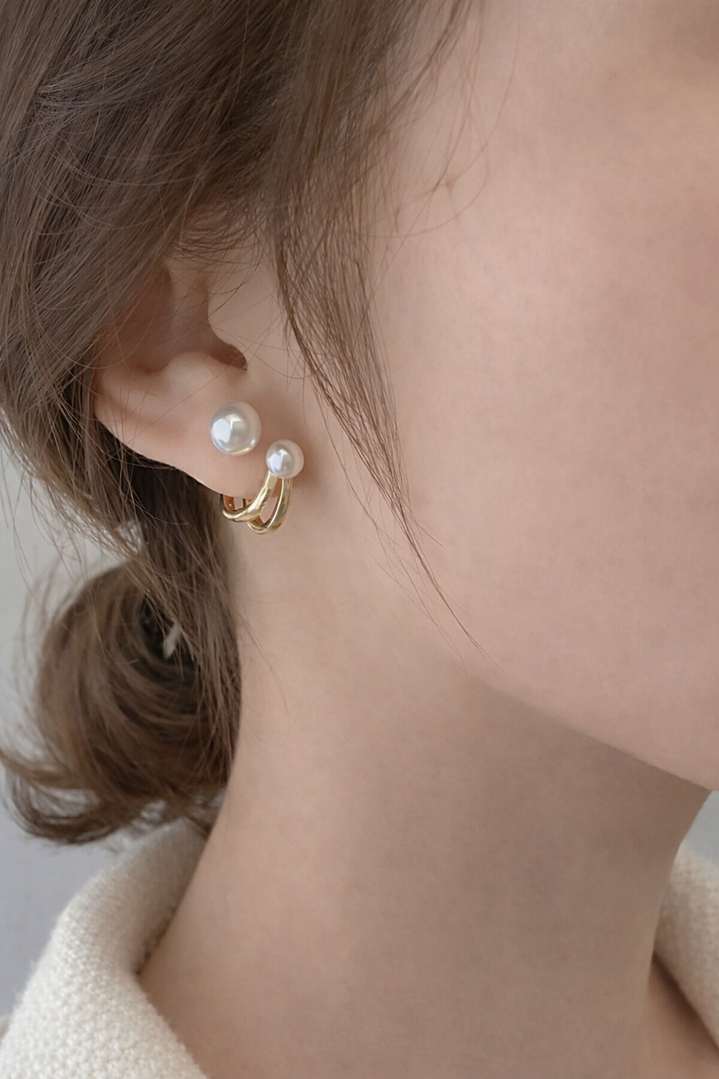 Double Pearl Hoop Stud Earrings