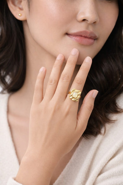 Textured Gold Statement Ring with Ivory Stone
