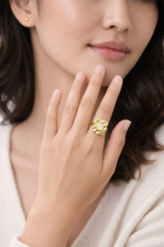 Textured Gold Statement Ring with Ivory Stone