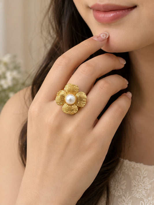 Gold Plated Flower Pearl Ring for Women