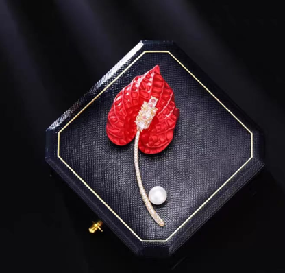 Crimson Leaf Pearl Elegance Brooch