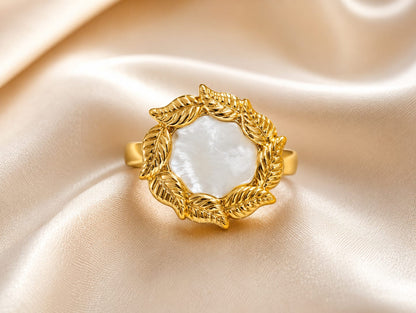 Mother of Pearl Leaf Ring – Elegant Floral Statement Ring for Women