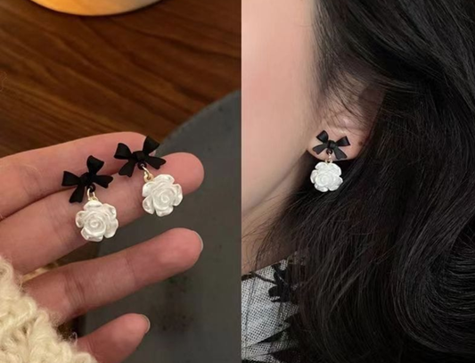 Vintage Bow Rose Drop Earrings