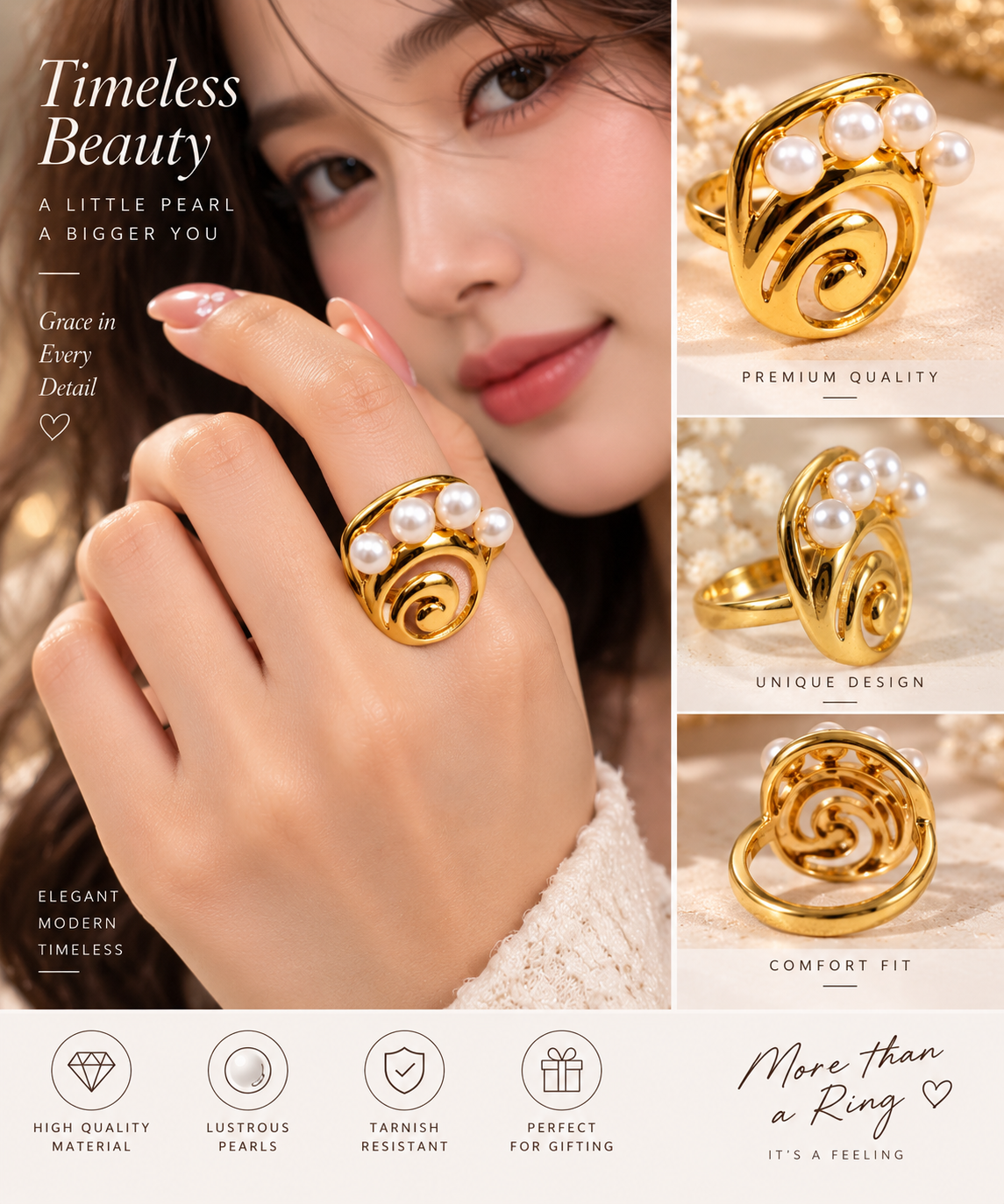 Pearl Swirl Statement Ring – Elegant Gold-Tone Pearl Ring for Women