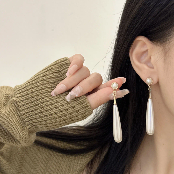 Pearl Drop Earrings – Gold Tone Long Teardrop Statement Earrings
