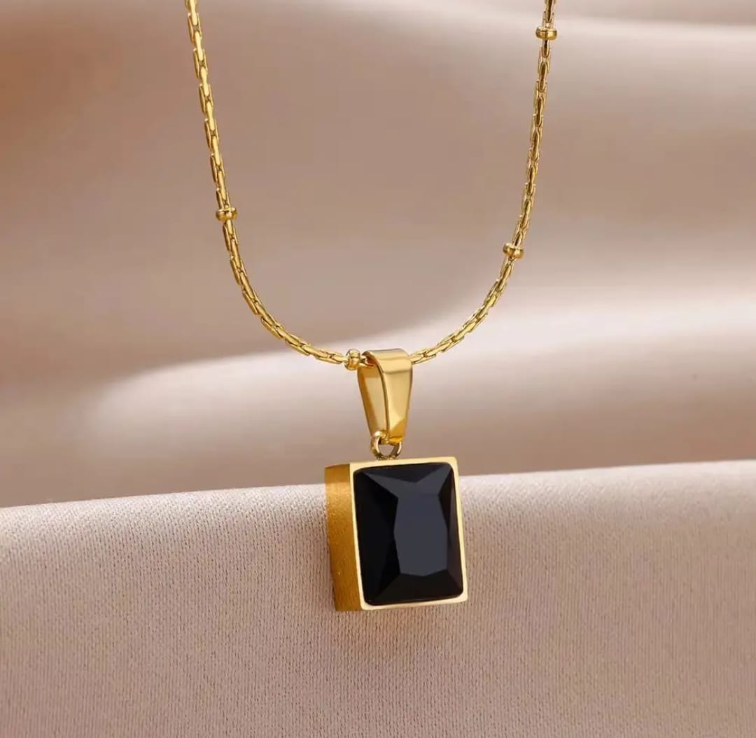 Gold Rectangular Crystal Pendant Necklace