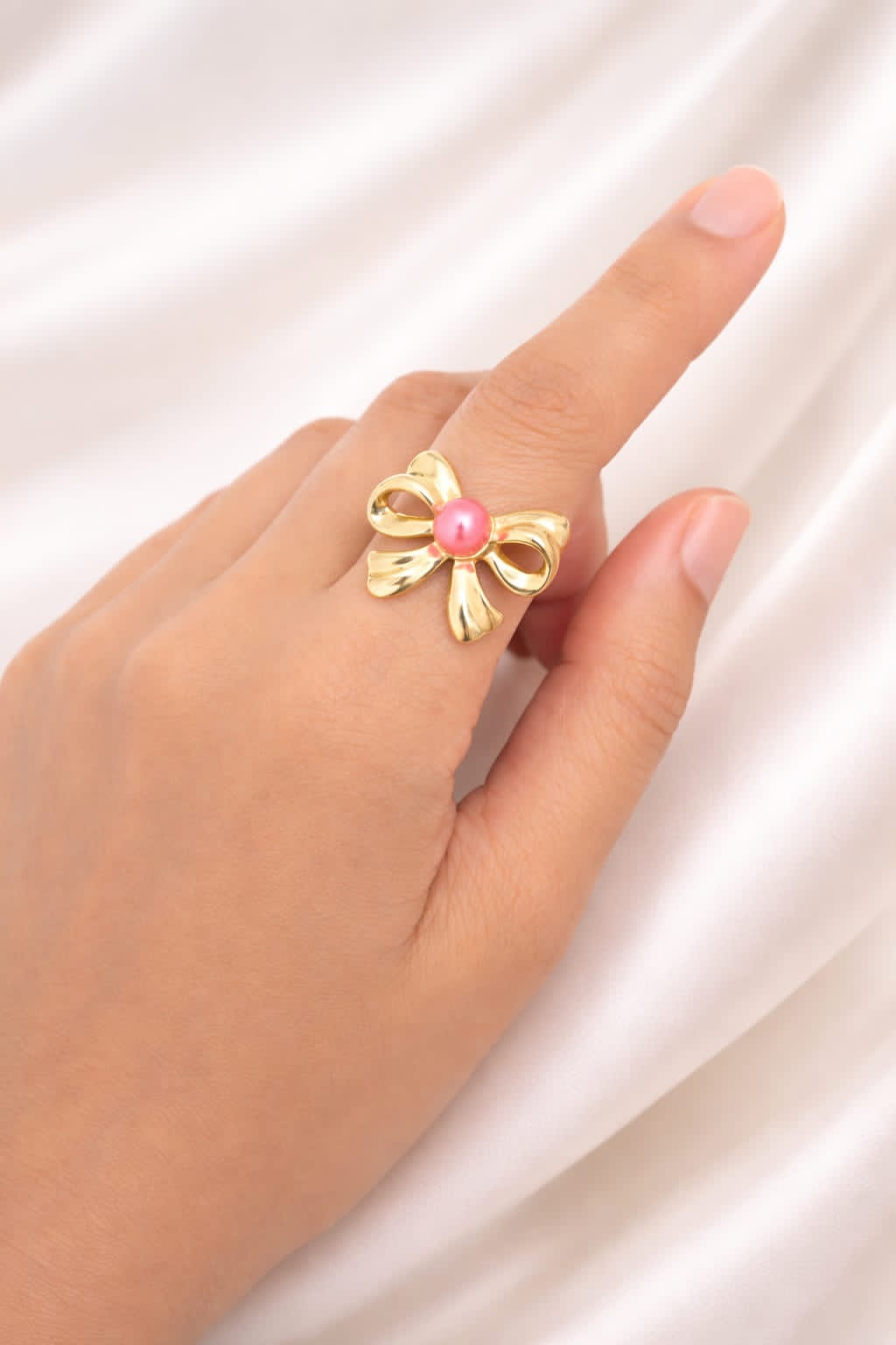 Elegant Bow Pearl Statement Ring – Golden Finish