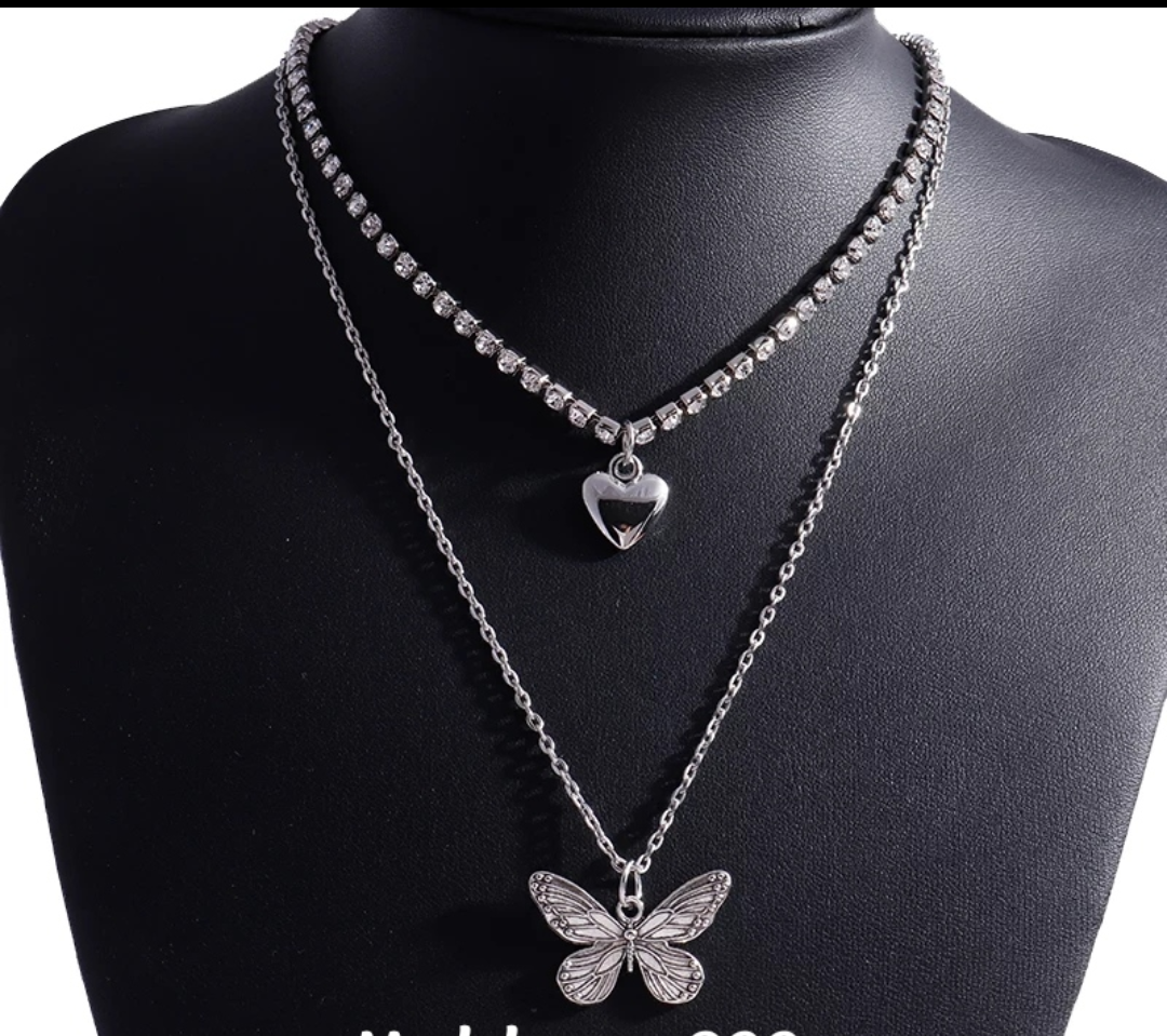 Layered Heart & Butterfly Charm Necklace Set