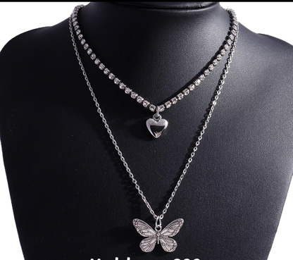 Layered Heart & Butterfly Charm Necklace Set