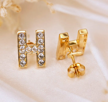 Crystal H Stud Earrings – Gold-Tone Rhinestone Letter H Earrings for Women