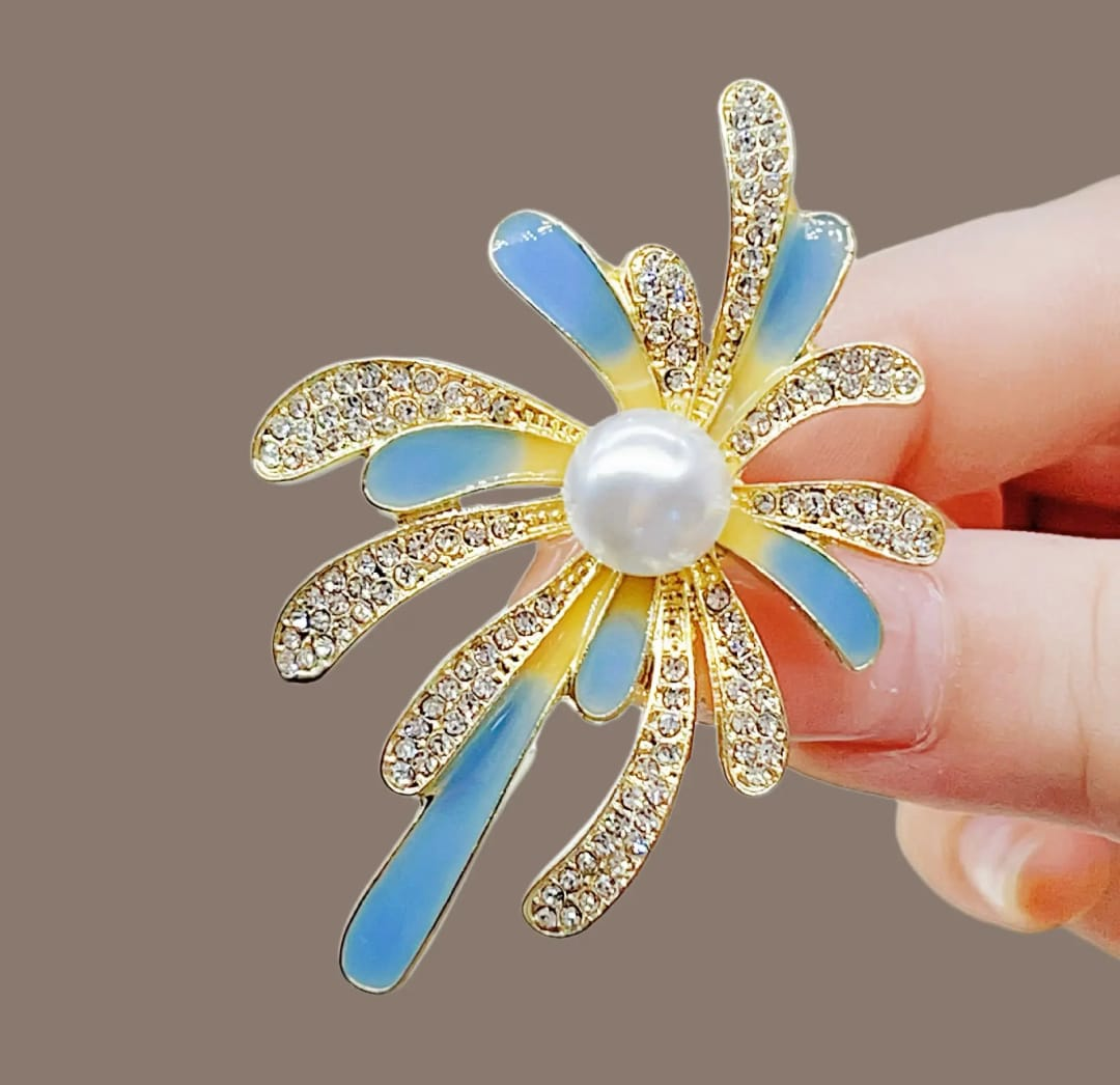 Blue Petal Pearl Flower Brooch