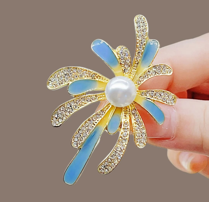 Blue Petal Pearl Flower Brooch