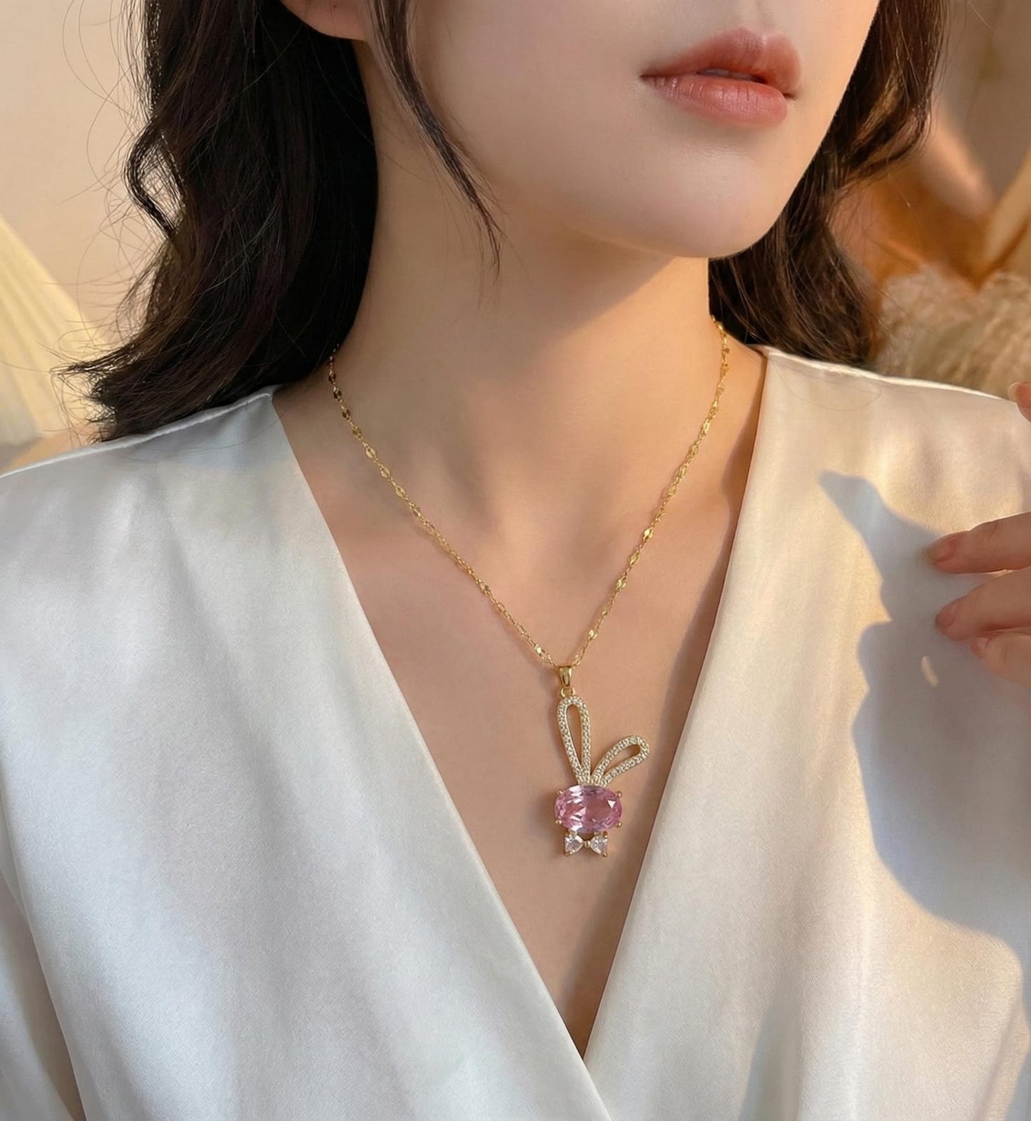Pink Crystal Bunny Pendant Necklace