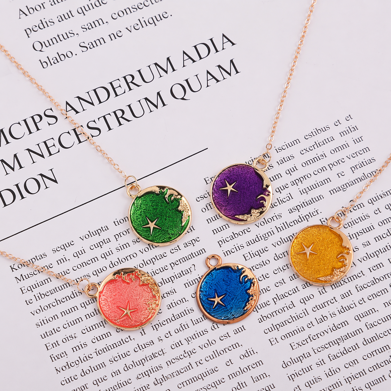 Celestial Moon & Star Color Disc Pendant Necklace