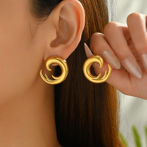 Gold Spiral Statement Earrings – Stainless Steel Curved Hoop Earrings for Women