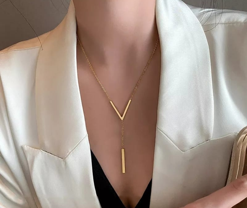 Minimalist Gold V-Bar Lariat Necklace
