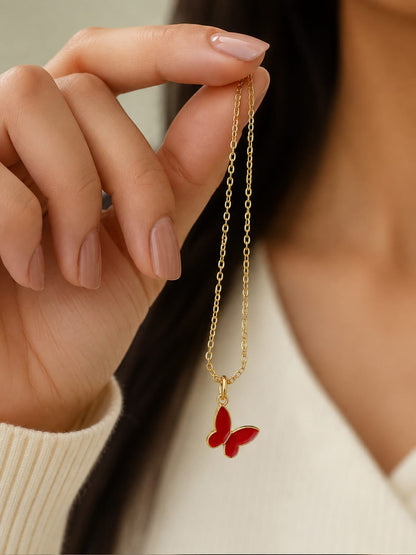Red Butterfly Pendant Necklace – Dainty Gold-Tone Minimalist Necklace for Women