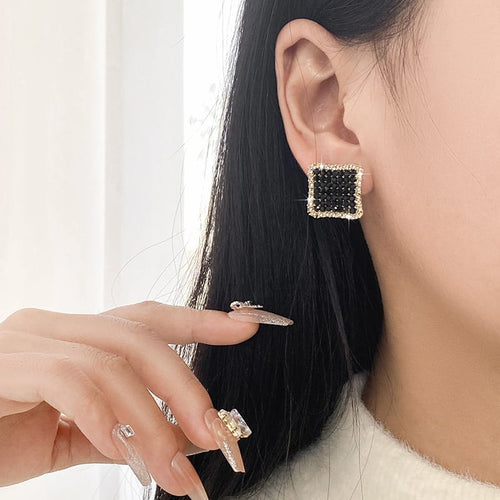 Black Rhinestone Square Stud Earrings – Elegant Crystal Statement Earrings for Women